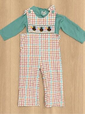 Saving Grace Smocks Thanksgiving Turkey Smocked Plaid Overalls Set 3T